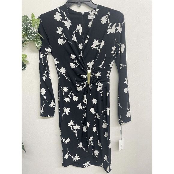 Calvin Klein Women's Petite Printed Faux-Wrap Dress - Black/Cream 2P - Picture 4 of 8